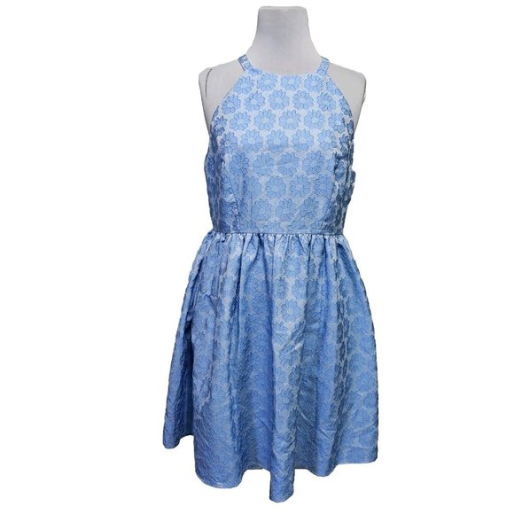 ModCloth Wendy‎ Bird 14 Icy Blue Embroidered Floral High Neck Fit Flare Dress - Picture 1 of 10